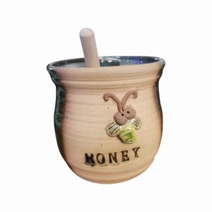 Artisan Handmade Stoneware Pottery Bee Honey Pot & Dipper